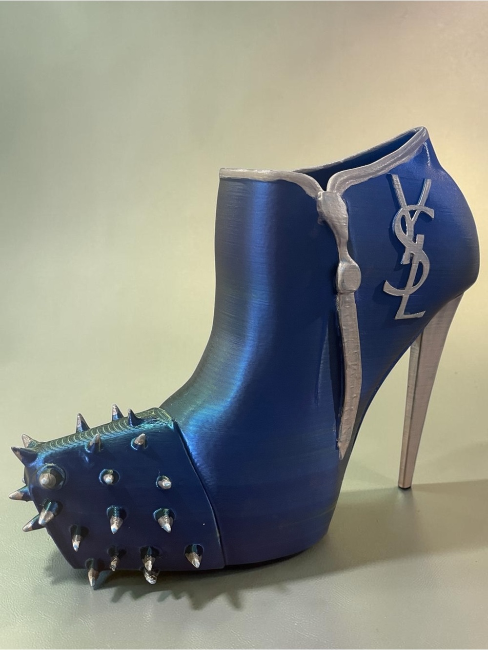 3d Hand Crafted YSL Logo Green & Blue Metallic Silver Spike-Heel Accent Stiletto - Picture 2 of 15